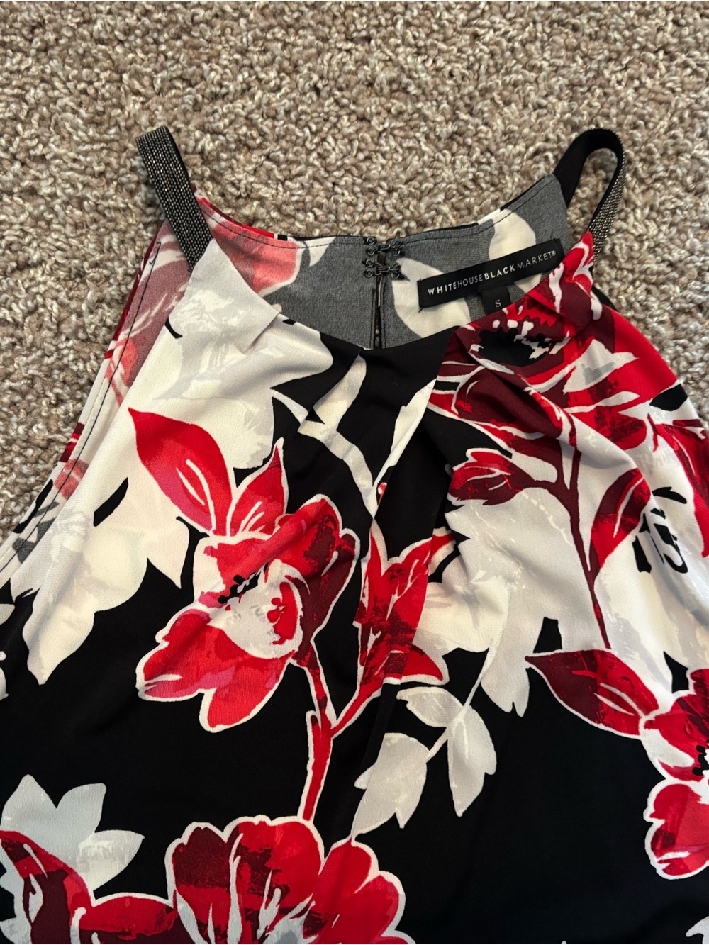 White House Black Market Black Floral Halter Camisole with Red & White Blooms - Picture 3 of 8